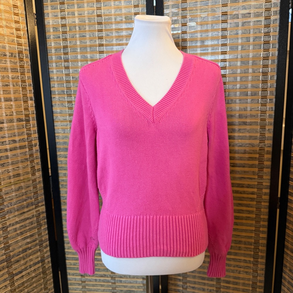 Cabi V-Neck Sweater Women Small Pink Cotton Knit Ribbed Trim 6449 Pullover